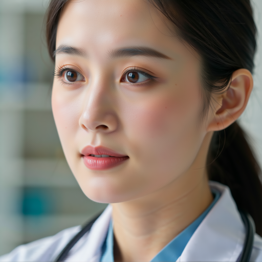 四十五岁左右女性医师头像，穿白大褂，佩戴工作牌，表情严肃专注，体现专业医疗工作者形象